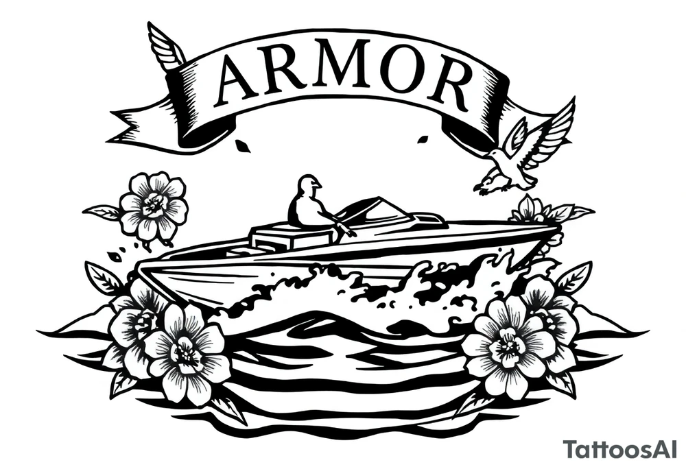 Traditional style tattoo, with a jet boat in the water, with a banner that says “ARMOR” in traditional lettering, add classic traditional aspects to this tattoo like sparrows and traditional flowers . tattoo idea