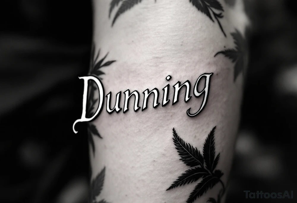 Dunning, left forearm details include angel wing, greek type of font,jungle leaves, name in white color tattoo idea