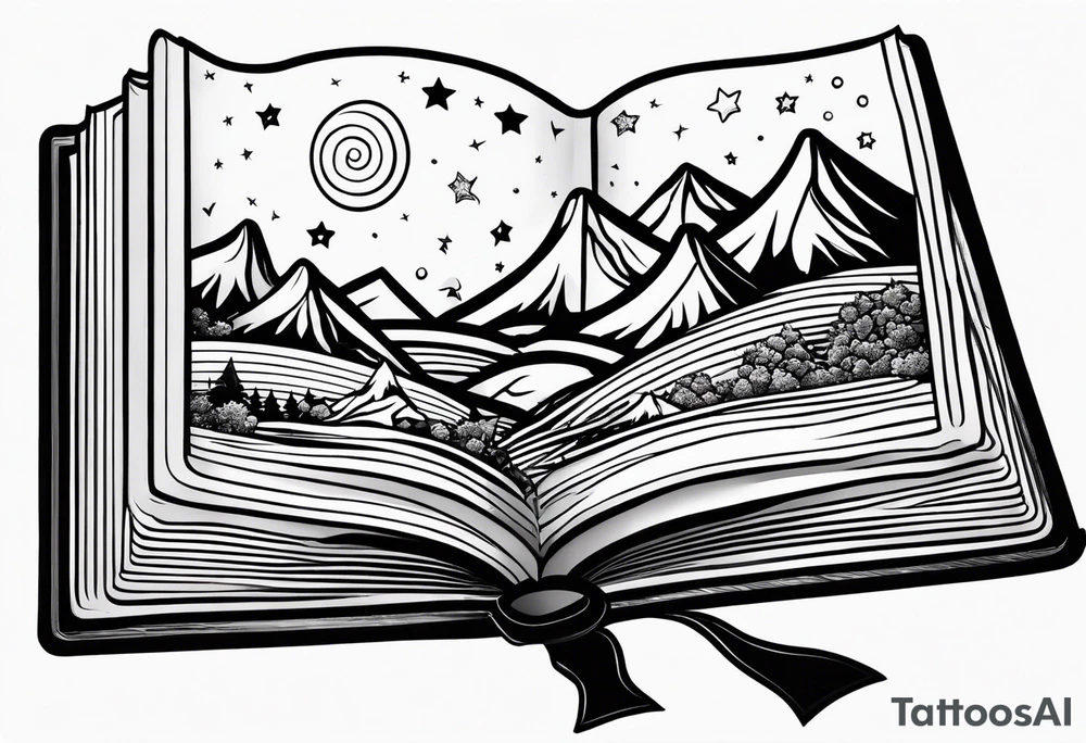 Open book with stars and mountains in a cartoon minimalistic design. Incorporate sushi rolls subtly tattoo idea