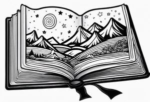 Open book with stars and mountains in a cartoon minimalistic design. Incorporate sushi rolls subtly tattoo idea