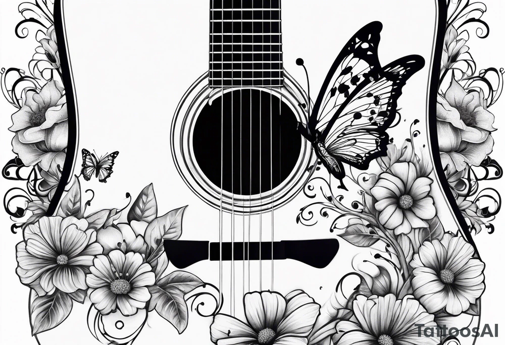 Guitar with flowers growing off the side, butterflies tattoo idea