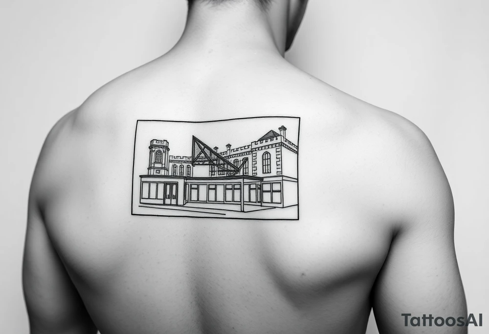 A Simple line drawing of flinders street station outlined in a rectangle box on the bottom of the tricept above the elbow I want it to be orientated portrait tattoo idea