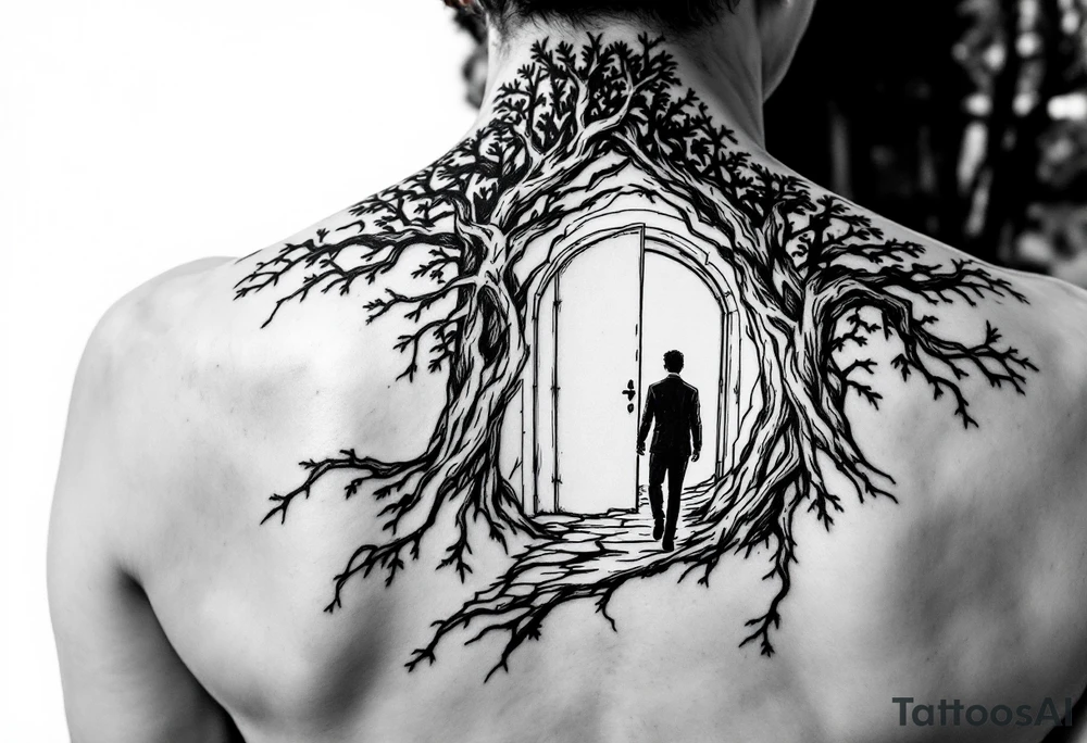 Back tattoo of a big tree with a door and a man walking through the door tattoo idea