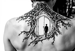 Back tattoo of a big tree with a door and a man walking through the door tattoo idea