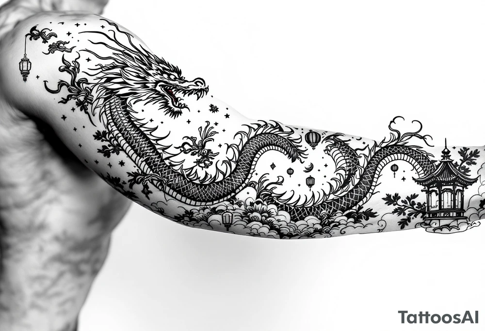 Chinese dragon flying towards the sky surrounded by chinese lanterns tattoo idea