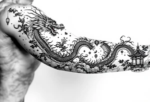 Chinese dragon flying towards the sky surrounded by chinese lanterns tattoo idea