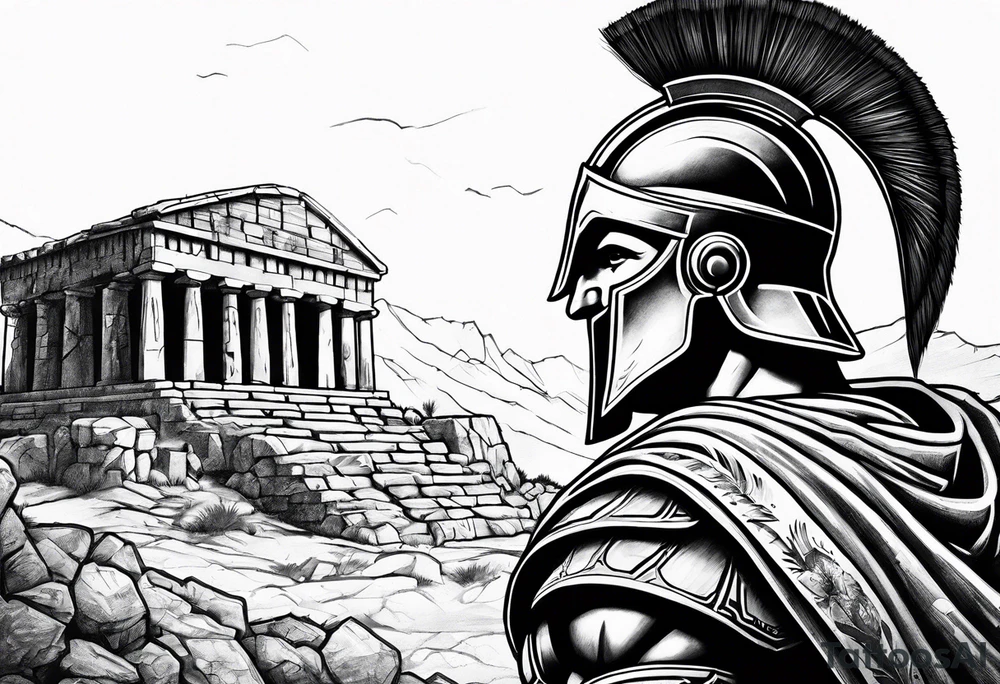 Close up of spartan solider face looking at distant ancient ruins tattoo idea