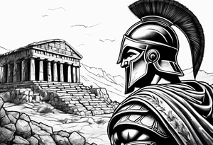 Close up of spartan solider face looking at distant ancient ruins tattoo idea