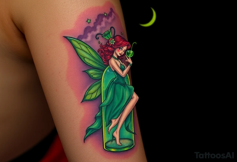 Tim Burton’s kelly doty pin up style Vintage Parisian elegant and hauntingly beautiful yet eerie full body absinthe Green Fairy dances outside her victorian crystal decatur she was once inside this elaborate ornate bottle absinthe bottle Absinthe Art Nouveau   and dripping with muted reds, dusty pinks, and eerie green glow.purple and cyan smokey clouds swirl in the crescent moonlit sky thats sprinkled with stars tattoo idea