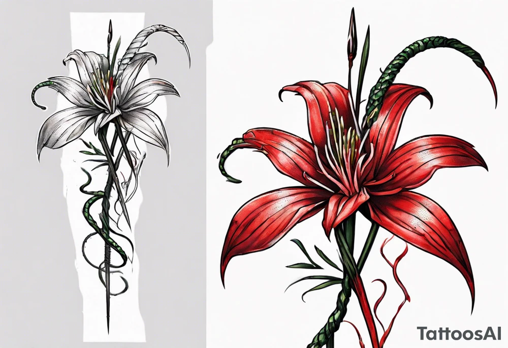 Red spiked spider lily with snake wrapped around stem for forearm tattoo idea