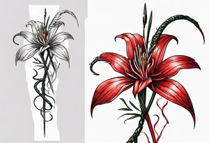 Red spiked spider lily with snake wrapped around stem for forearm tattoo idea