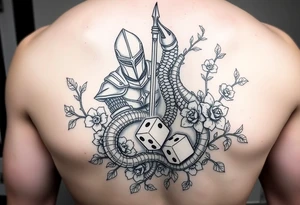 knight and squid intertwined with climbing roses and thorny vines with cherry blossoms rolling dice tattoo idea