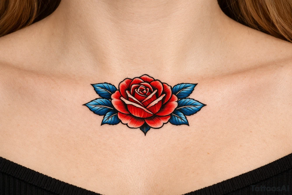 Red rose , blue leaves no stem tattoo idea