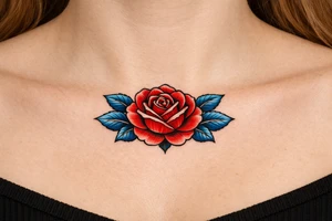 Red rose , blue leaves no stem tattoo idea
