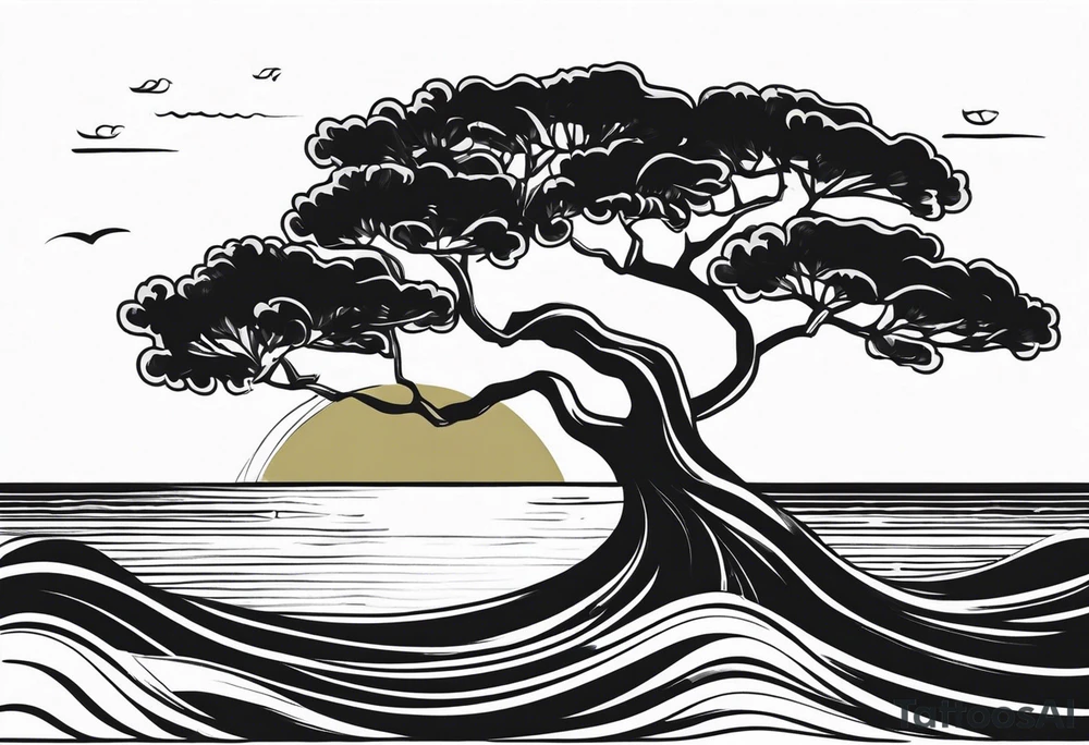 Olive tree into waves, ocean, sun tattoo idea