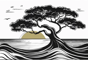 Olive tree into waves, ocean, sun tattoo idea