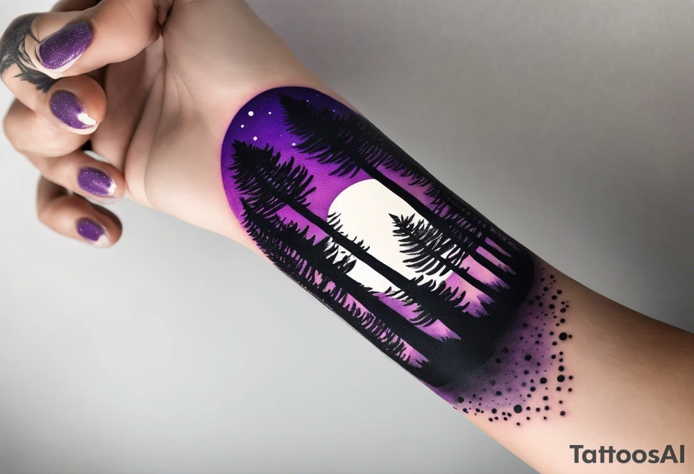 forest, abstract, on hand, no people, purple and black, full, whole wrist wrapped, filled tattoo idea