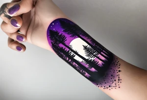 forest, abstract, on hand, no people, purple and black, full, whole wrist wrapped, filled tattoo idea
