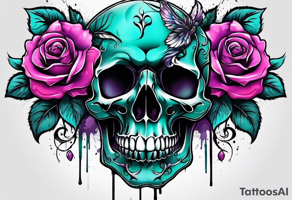 roses, skulls, teal, pink, purple tattoo idea