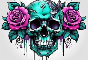 roses, skulls, teal, pink, purple tattoo idea