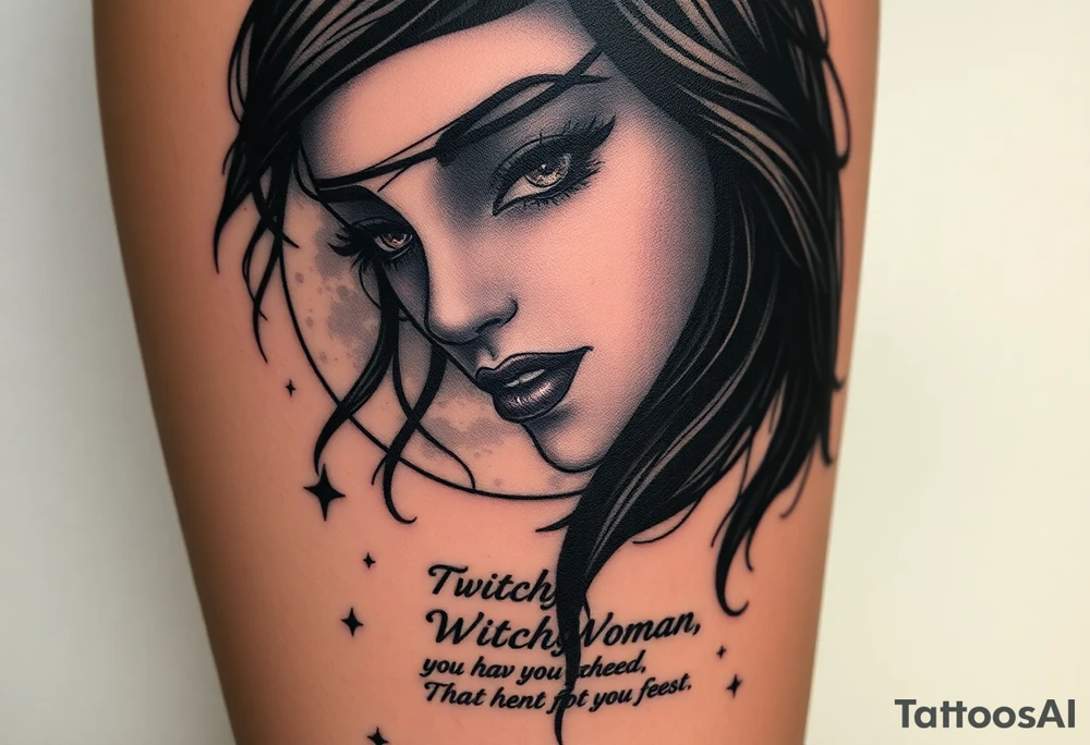 Mystical / detailed realism gothic style
Placement: thigh
 Full moon, raven-haired woman with glowing brown eyes
 Fog and stars (if that’s what you meant?)
Witchy Woman” song lyrics incorporated based off the song  witchy woman tattoo idea