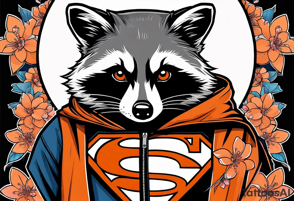 Raccoon wearing a white Superman logo on a black hoodie and orange Japanese cherry blossoms tattoo idea