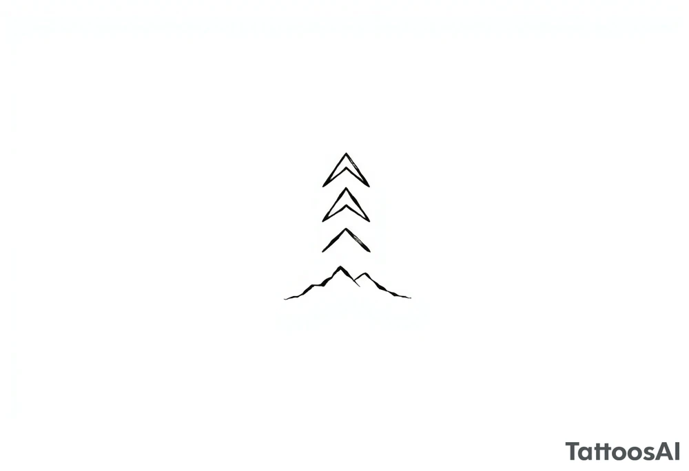 A stacked geometric design resembling a trail marker, consisting of three progressively smaller angular “arrowhead” shapes pointing upward. Beneath the arrow shapes, a thin, curved line flows gently, representing terrain, trails, or movement across landscapes. The design is abstract and highly symbolic, with clean, sharp edges. tattoo idea