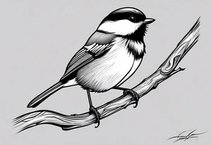 Illustrate a tattoo of a chickadee perched on a twig, focusing on clean lines and minimal detail for an understated design tattoo idea