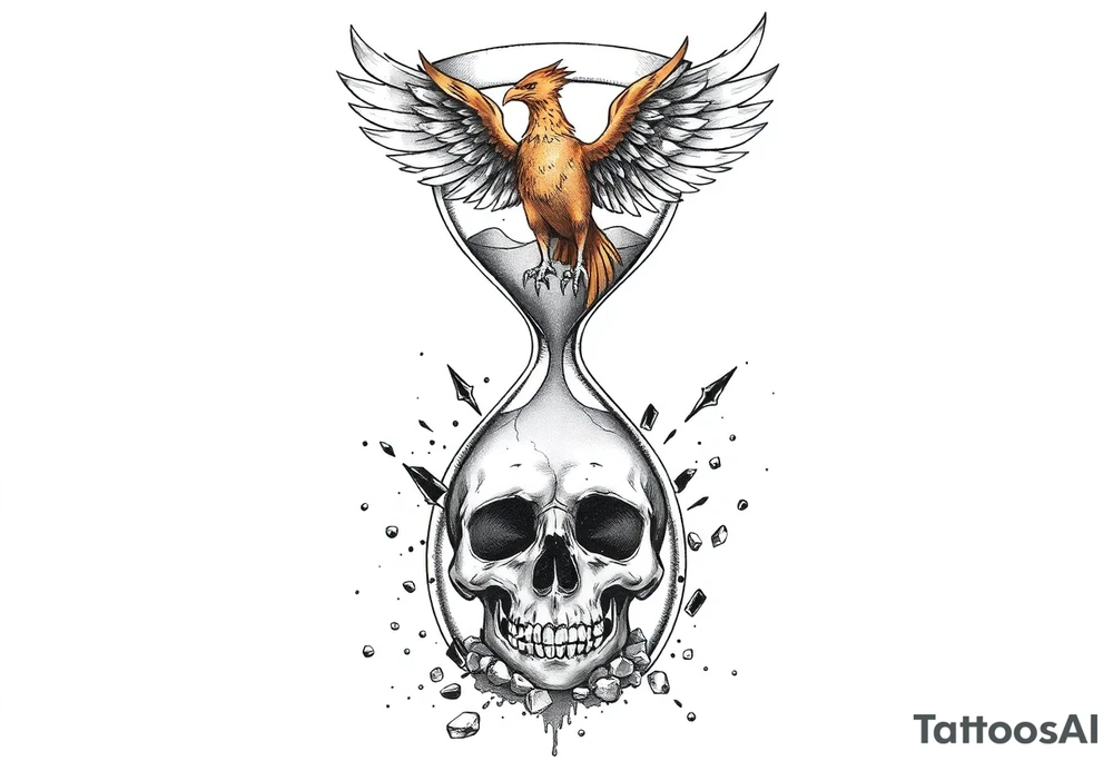 A cracked hourglass with the sands forming a skull below and a phoenix rising from the top. tattoo idea