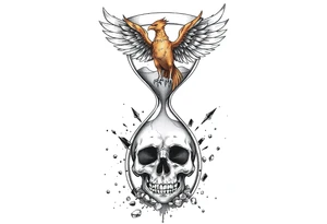 A cracked hourglass with the sands forming a skull below and a phoenix rising from the top. tattoo idea