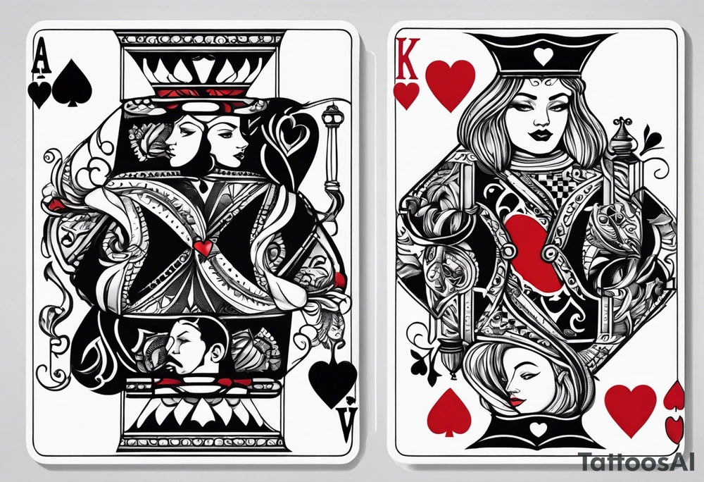one playing card with both queen of hearts and king of spades incorporated in extreme minimalistic style tattoo idea