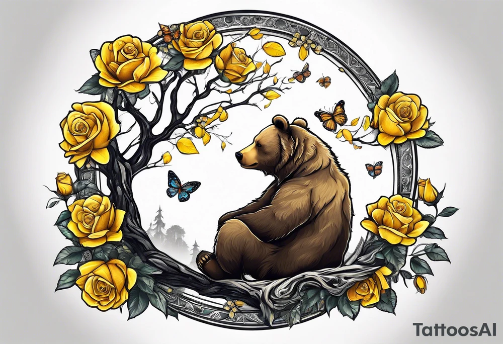 A bear sitting under the tree of life with three yellow roses, and three butterflies tattoo idea