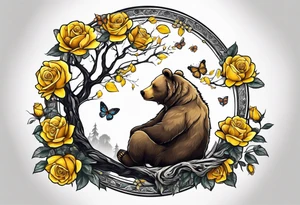 A bear sitting under the tree of life with three yellow roses, and three butterflies tattoo idea