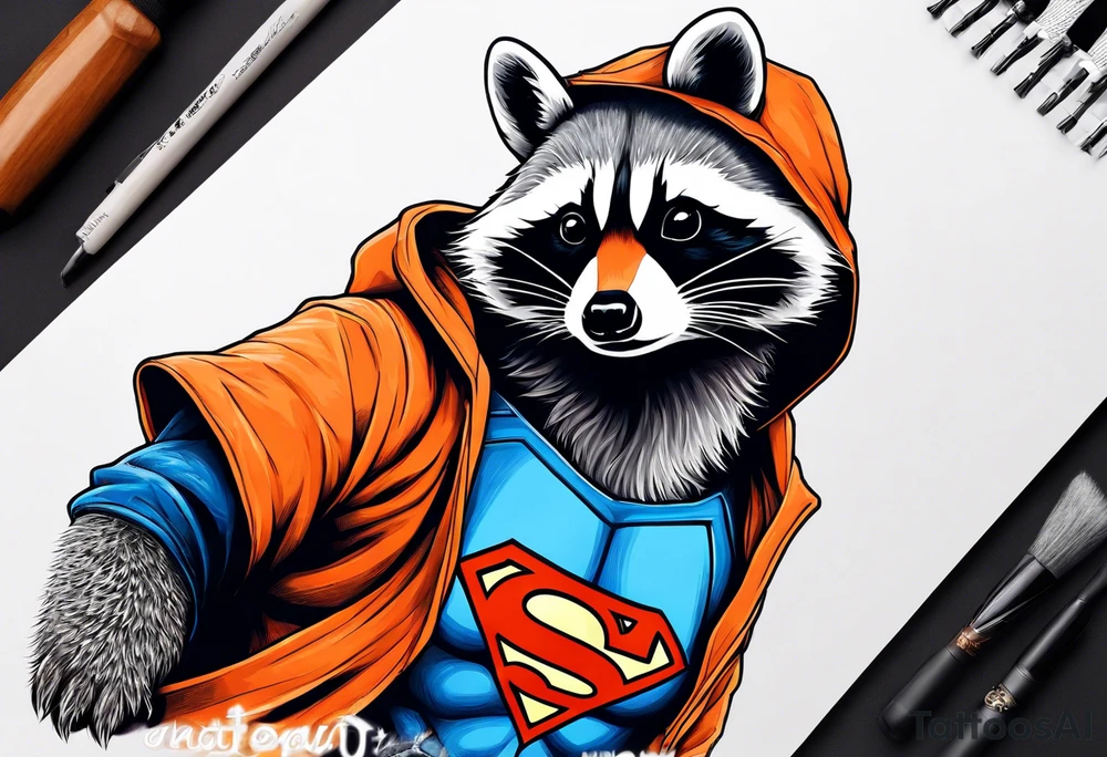 Raccoon wearing an orange Superman hoodie tattoo idea