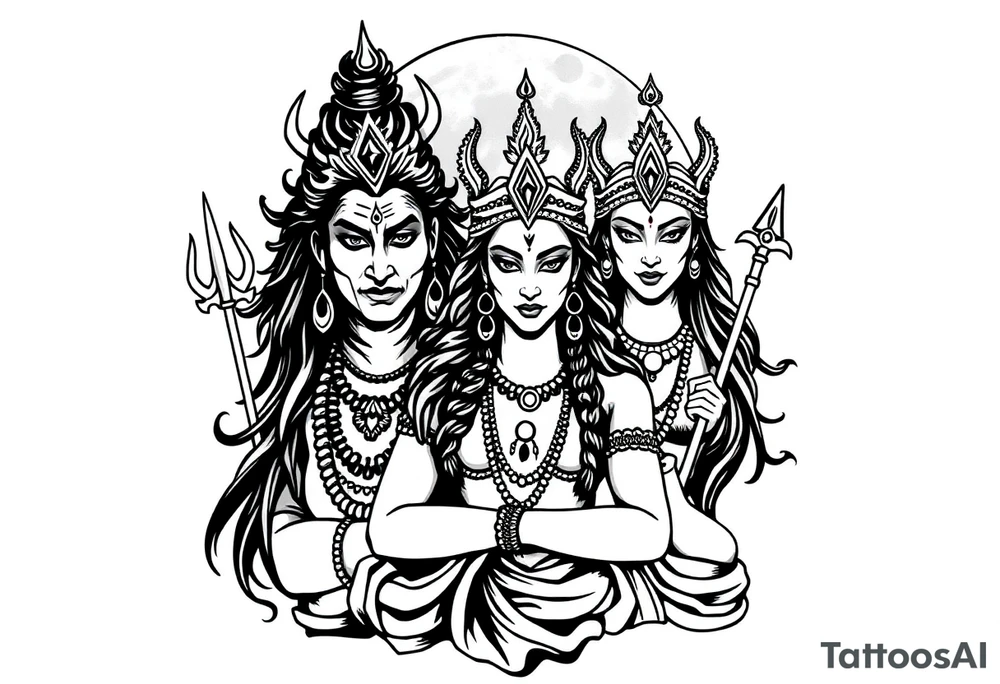 Lord Shiva, Godess Kali, Godess Lilith Together with the moon in the background tattoo idea