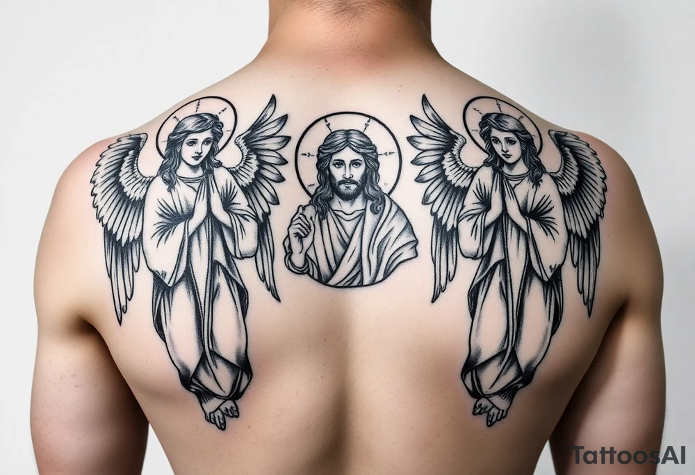 russian orthodox symmetrical guardian angel icon on left and right side of back with both angels holding up a jesus potrait tattoo idea