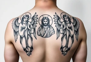 russian orthodox symmetrical guardian angel icon on left and right side of back with both angels holding up a jesus potrait tattoo idea