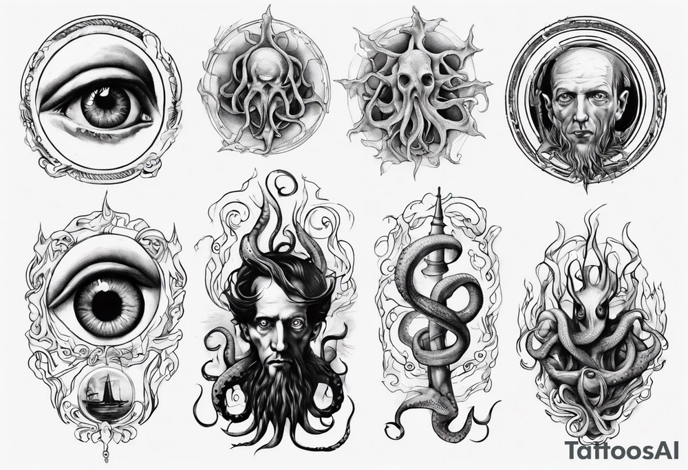 lovecraft long tattoo to put on the forearm, with eye and tentacle tattoo idea