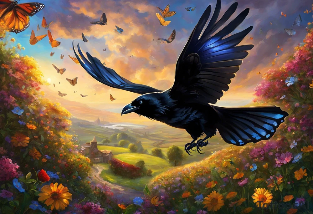 A butterfly flies towards the sky. Below the butterfly, a raven flies towards the sky. 
The butterfly and the raven are the same size
In the background is the name Malia.
In the background is the name SKF.
The number 89 can be seen in the background.
There is also a scorpion in the wing of the butterfly. tattoo idea