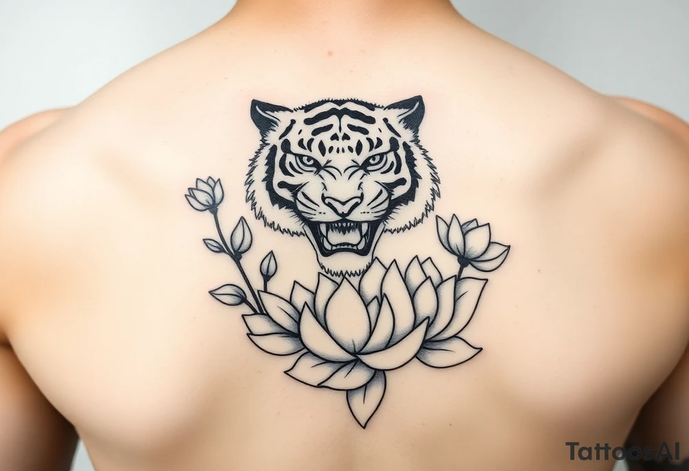 fierce tiger emerging through blooming lotus flowers in mist tattoo idea