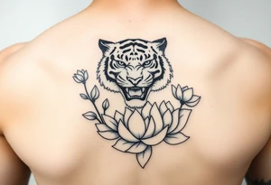 fierce tiger emerging through blooming lotus flowers in mist tattoo idea