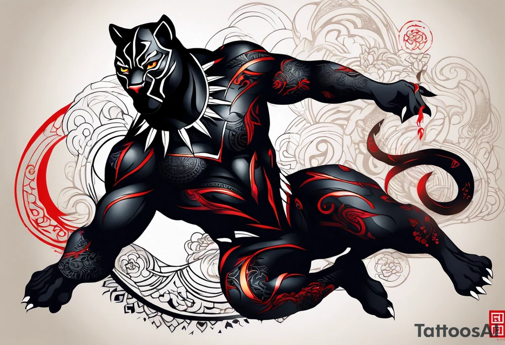 unique black panther tattoo, dynamic pose, showcasing its strength and grace, striking red eyes, intense and captivating elements, artistic flair, blending realism with abstract elements tattoo idea