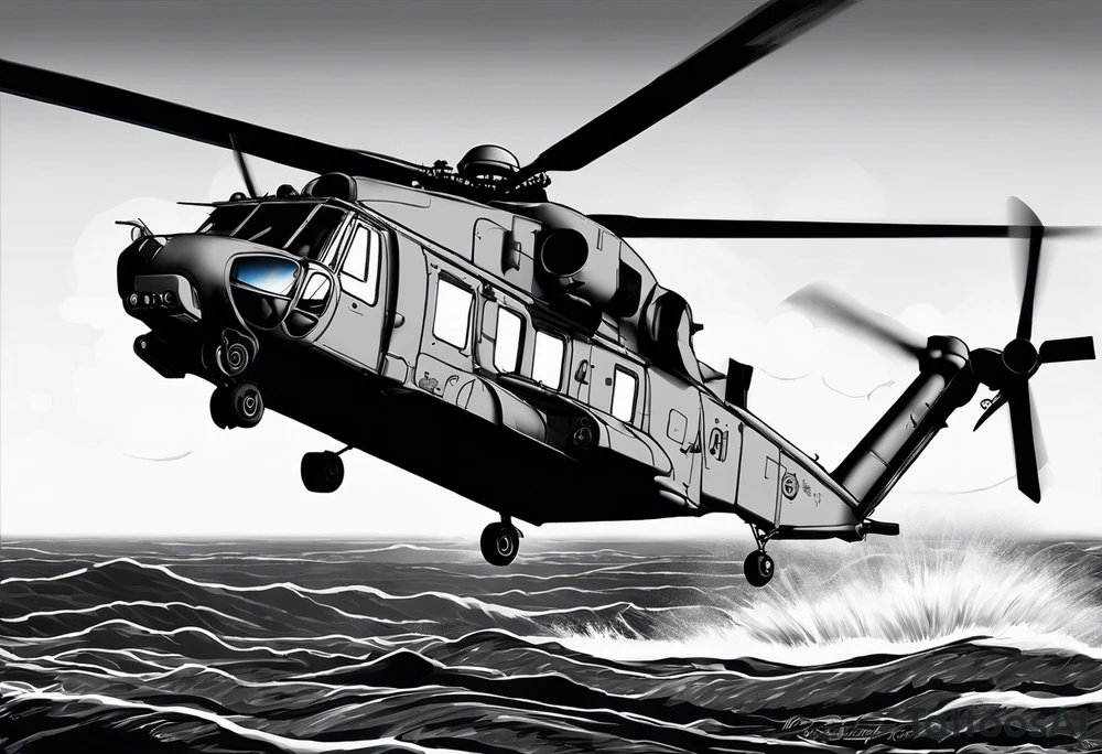 canadian military grey helicopter cyclone CH-148, a helicopter flying over rough water, Clear sky, sunset
, military art, ocean specular, highly detailed background, tattoo idea