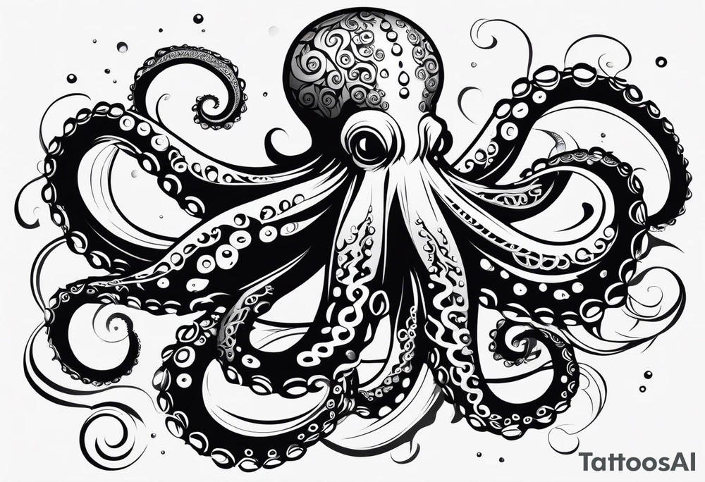 Tribal half sleeve. octopus surrounded by ribbons of water waves filled with fish. the octopus has no eyes. Use thick lines only with less detail. tattoo idea