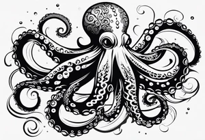 Tribal half sleeve. octopus surrounded by ribbons of water waves filled with fish. the octopus has no eyes. Use thick lines only with less detail. tattoo idea