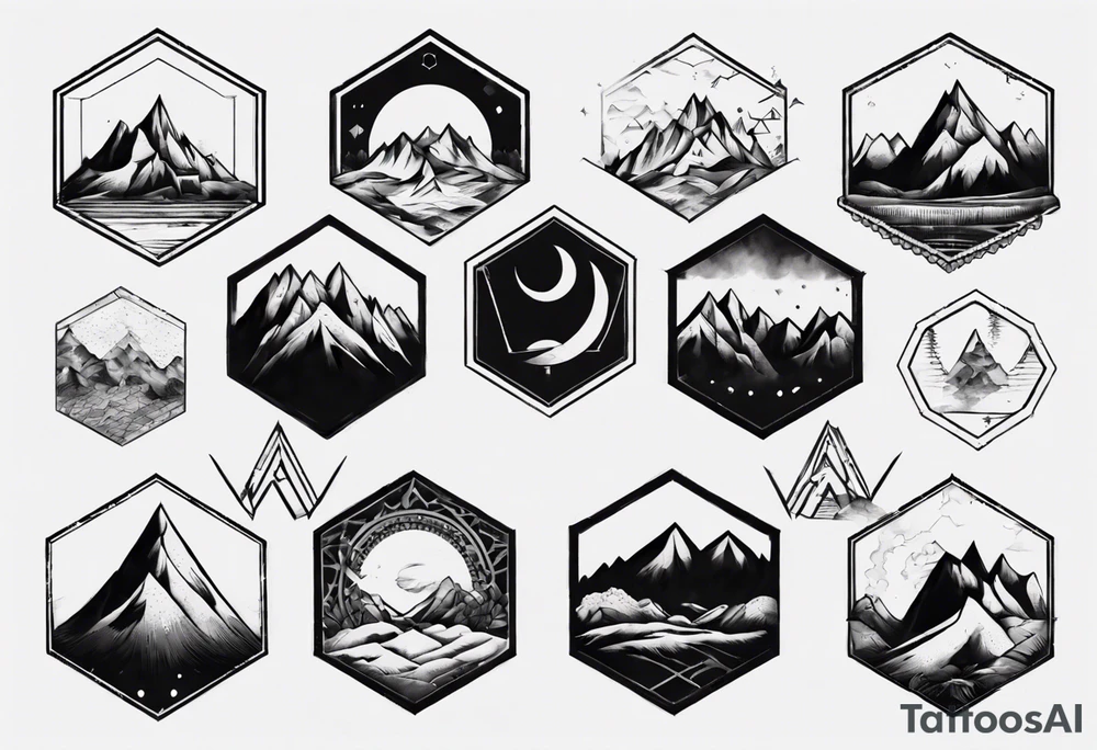 A hexagon with mountains extending beyond the boundary of the figure tattoo idea