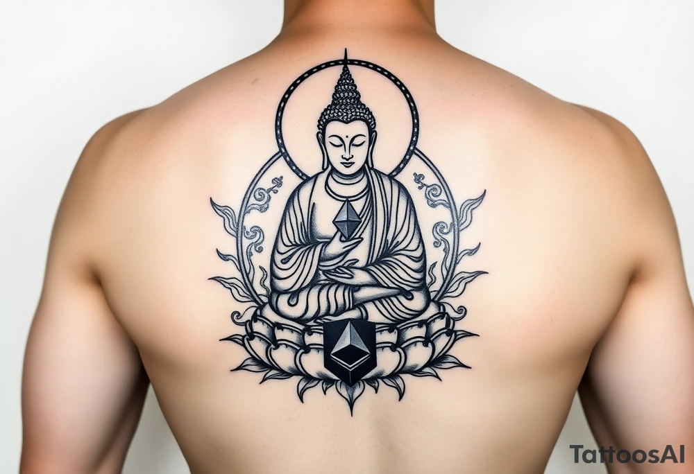 "Tibetan thangka tattoo with a crypto twist:  
1. Central figure is a Buddha with a QR-code face  
2. Halo replaced by Ethereum symbol (geometric)  
3. Lotus throne sits on server rack  

Style: Black ink, line art with dotwork shading. Size: 10x15cm (forearm/back). No background." tattoo idea
