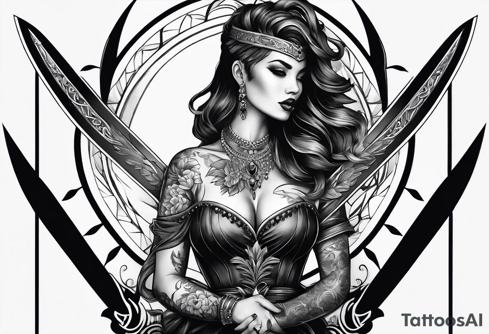 Dagger with a woman on the blade tattoo idea