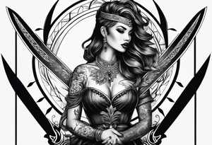 Dagger with a woman on the blade tattoo idea