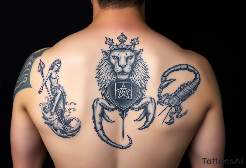 Full arm tattoo, Poseidon coming out of the water with the trident down, the statue of the goddess Themis of blind justice, a powerful and majestic lion with a crown and in the middle of this crown a square is a freemason's compass, a realistic scorpion, Japanese shadow movements of the waves, tattoo idea